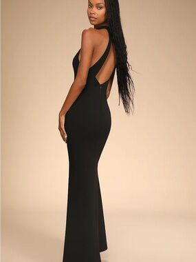 Lulus Black Halter Mermaid Maxi Dress M Open Back Fitted Formal Wedding Guest